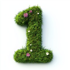 Number 1 made of lush green moss with tiny blooming flowers isolated on a clean white background