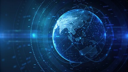 Fototapeta premium A digital representation of Earth, enhanced with a blue glow and data connections, symbolizing technology and global networking.