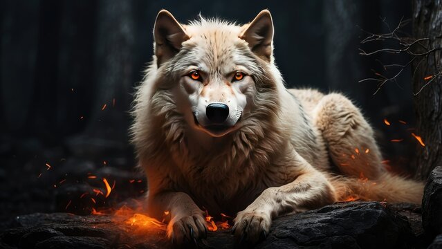 A majestic white wolf with piercing golden eyes emerges from vibrant flames,