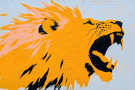 Street Art Concepts. Vibrant lion mural with a fierce expression and flowing mane.