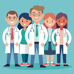 Fototapeta premium Multiethnic doctor team group with leader isolated vector illustration. Set of smiling doctors, nurses, paramedics. Different male and female medic workers in uniform with stethoscopes.