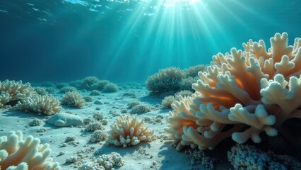 Obraz premium Underwater coral reef with circular coral formations and sunlight filtering in 