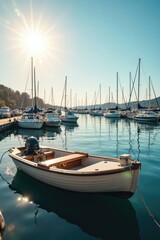 Fototapeta premium Dinghy boats and sun shining at marina on calm water, boats, dock, reflection