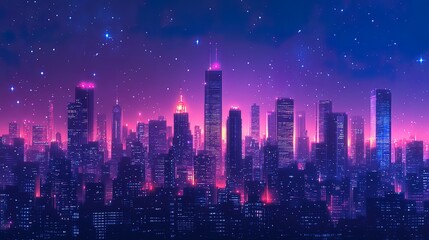 Fototapeta premium Nighttime skyline filled with skyscrapers and lights, metropolitan atmosphere