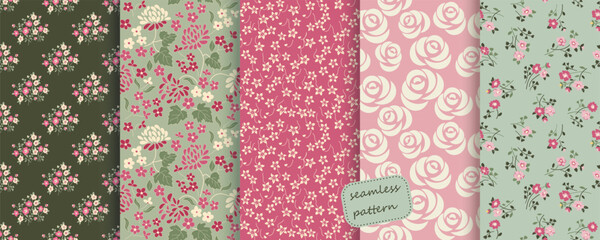 Collection of Seamless floral pattern in folk style with wildflowers, leaves. Victorian style. Hand drawn. Vector illustration