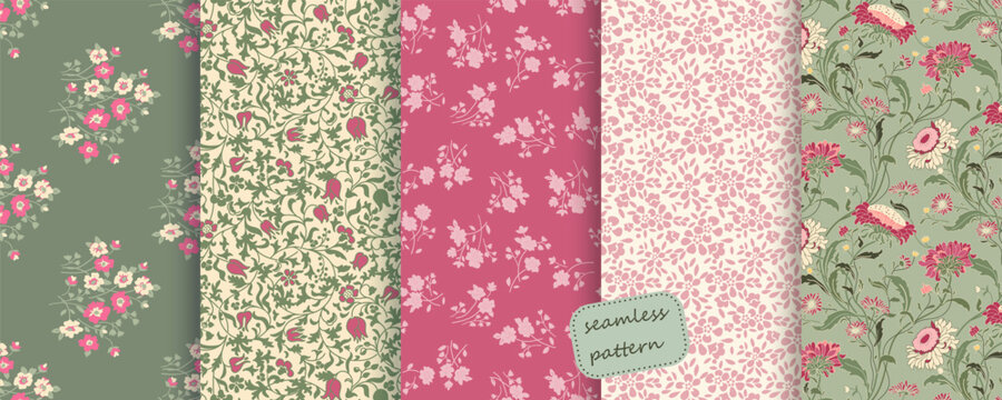 Collection of Seamless floral pattern in folk style with wildflowers, leaves. Victorian style. Hand drawn. Vector illustration