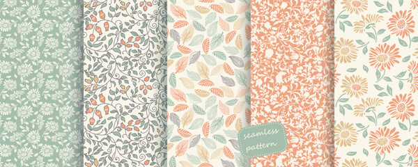 Collection of Seamless floral pattern in folk style with wildflowers, leaves. Victorian style. Hand drawn. Vector illustration