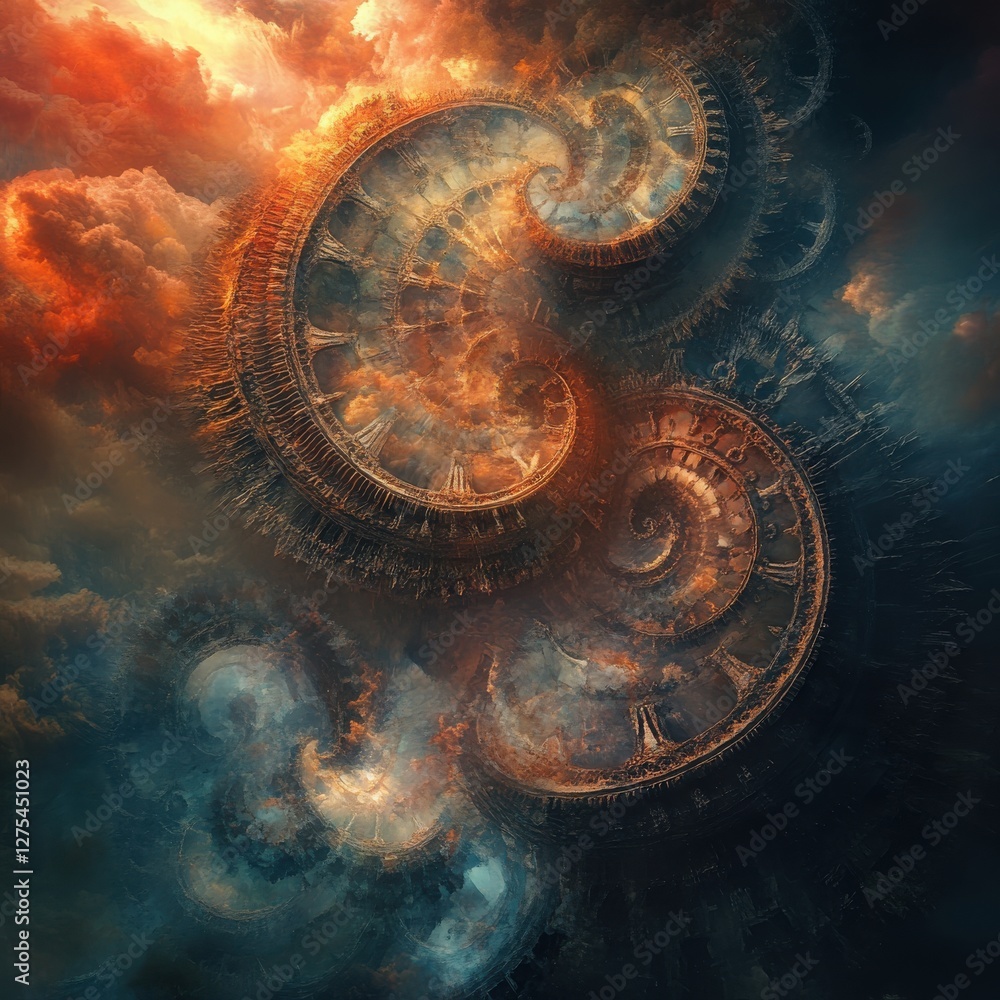 Aufkleber surreal swirling clockwork in a cosmic background representing time and infinity in abstract artwork