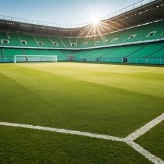 Fototapeta premium Empty Green Soccer Stadium at Sunset