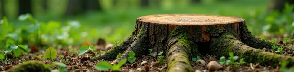 Obraz premium Slowly rotting deciduous tree stump in the German forest undergrowth, forest floor, wooden stump