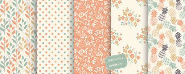 Collection of Seamless floral pattern in folk style with wildflowers, leaves. Victorian style. Hand drawn. Vector illustration