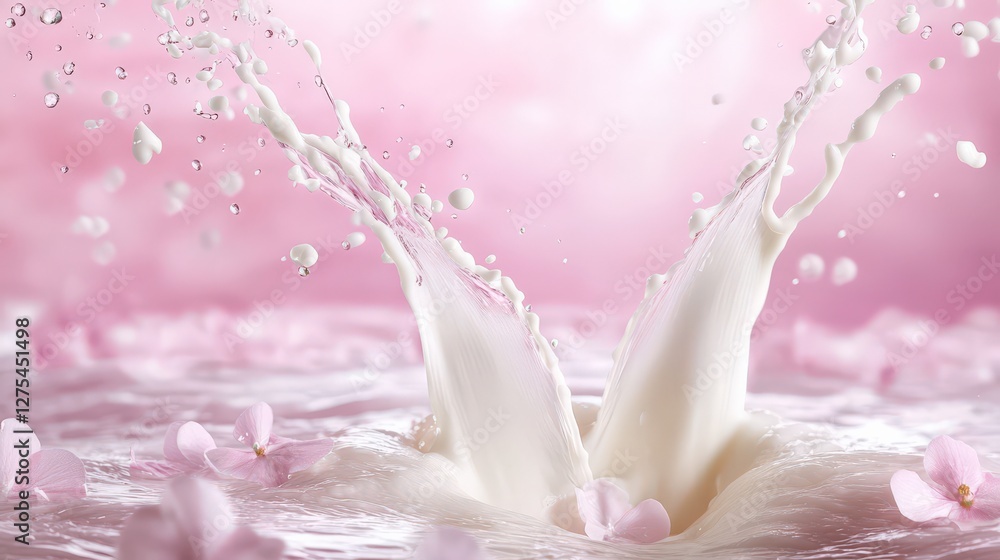 Aufkleber splashes of milk create dynamic patterns amidst delicate pink petals in a serene setting