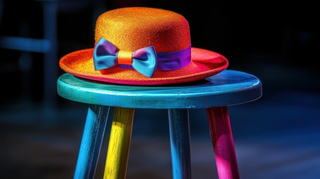 Brightly Colored Hat on a Multicolored Wooden Stool Display