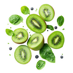 Fototapeta premium Kiwi fruit leaves flying mid-air, isolate on white background. png.
