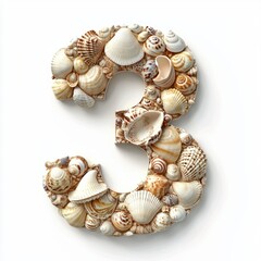 Obraz premium Number 3 made of assorted seashells in natural beige and white tones isolated on a clean white background