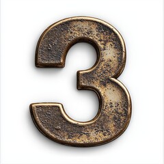 Number 3 made of antique brass with a slightly aged texture isolated on a clean white background