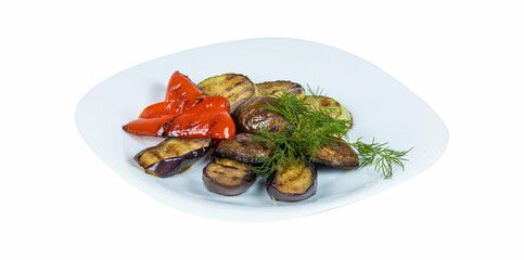 A white plate with eggplant and red peppers on a white bg