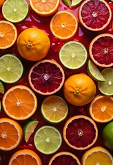 Obraz premium Citrus Fruits Background, Sliced Oranges, Limes, Blood Oranges in Red Juice