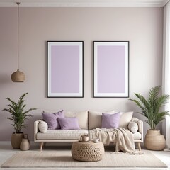 Modern Living Room Interior with Beige Sofa and Lavender Accents