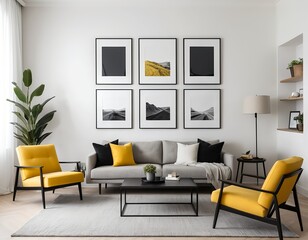 Modern Living Room Interior with Yellow Armchairs and Abstract Wall Art