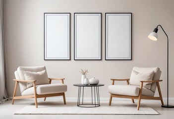Modern Living Room Interior with Two Armchairs and Empty Frames