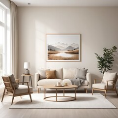 Modern Living Room Interior with Neutral Tones and Mountain Landscape Artwork