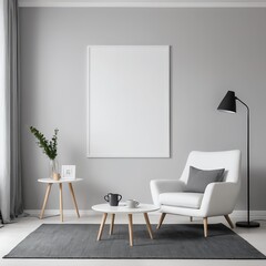 Modern Living Room Interior with White Armchair and Blank Frame