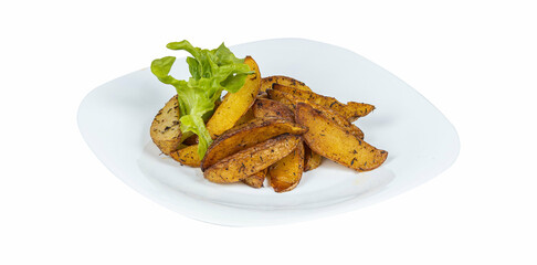 A white plate with fried potatoes and lettuce on a white background