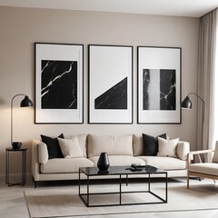 Modern Living Room Interior Design with Beige Sofa and Black Marble Decor