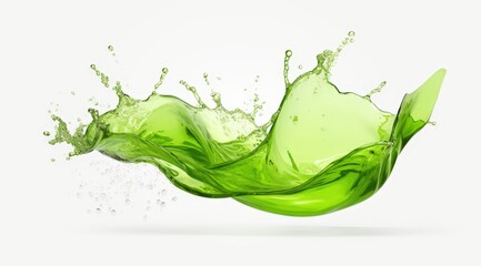 Green liquid splash, dynamic flow, white background, advertising use