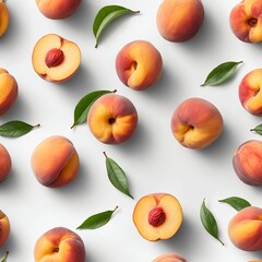 Flat Lay of Fresh Peaches and Leaves