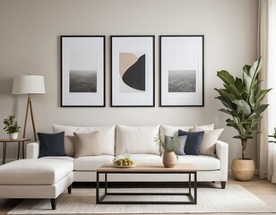 Modern Living Room Interior with Beige Sofa, Abstract Art, and Tropical Plant