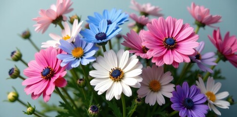 Fototapeta premium A bouquet of mixed colored cornflowers with shades of pink, blue, and white blooms in a rustic flowerbed, nature, texture, white