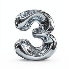 Number 3 made of liquid mercury with reflective silver waves isolated on a clean white background