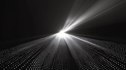 Futuristic abstract art with radiant light beams bursting from a white core against a dark backdrop, featuring sparkling dots and dynamic converging lines for depth