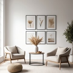 Minimalist Living Room Interior with Beige Armchairs and Dried Flower Decor