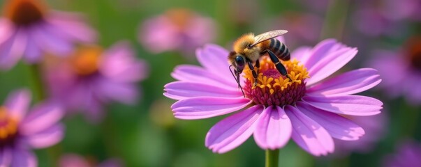 Honey bee collecting nectar from a purple flower in a garden, flowers of purple, yellow and black, pollination