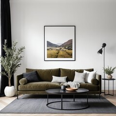 Modern Living Room Interior with Olive Green Sofa and Landscape Artwork