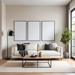 Modern Living Room Interior with Blank Frames and Neutral Decor