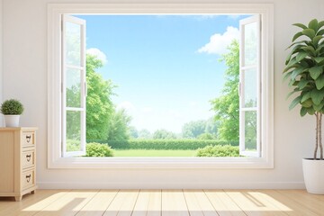 Fototapeta premium Empty room large window garden view potted plant