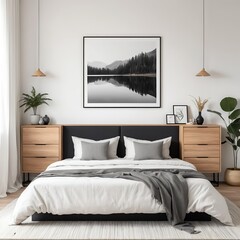 Scandinavian Bedroom Interior with Mountain Lake Artwork