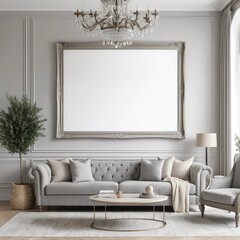 Elegant Living Room Interior with Large Blank Frame Mockup