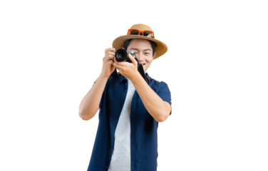 Portrait of young asian man using travel camera and posing	