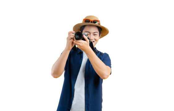 Portrait of young asian man using travel camera and posing	
