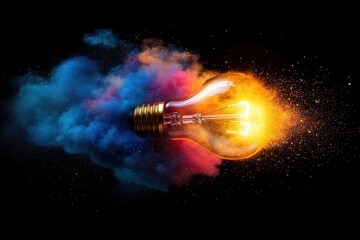Glowing Light Bulb Exploding with Colorful Smoke  
