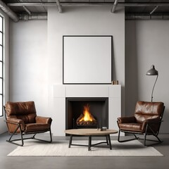 Cozy Modern Living Room with Fireplace and Blank Canvas