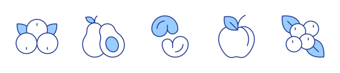 acai, apple, avocado, berries, cashew. Fruits Icon vector illustration. Line Duotone style. Editable stroke © Blockfine