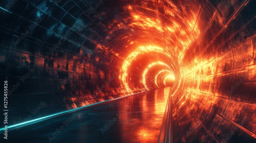 Poster futuristic tunnel of light with fiery patterns and reflections in a dark environment