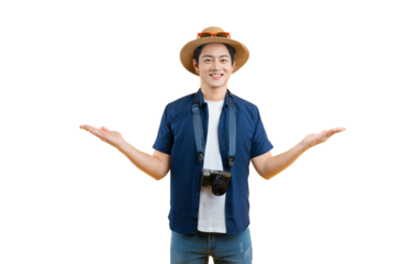 Portrait of young asian man using travel camera and posing	