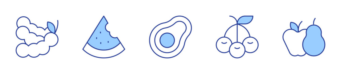 avocado, cherries, fruit, tamarind, watermelon. Fruits Icon vector illustration. Line Duotone style. Editable stroke